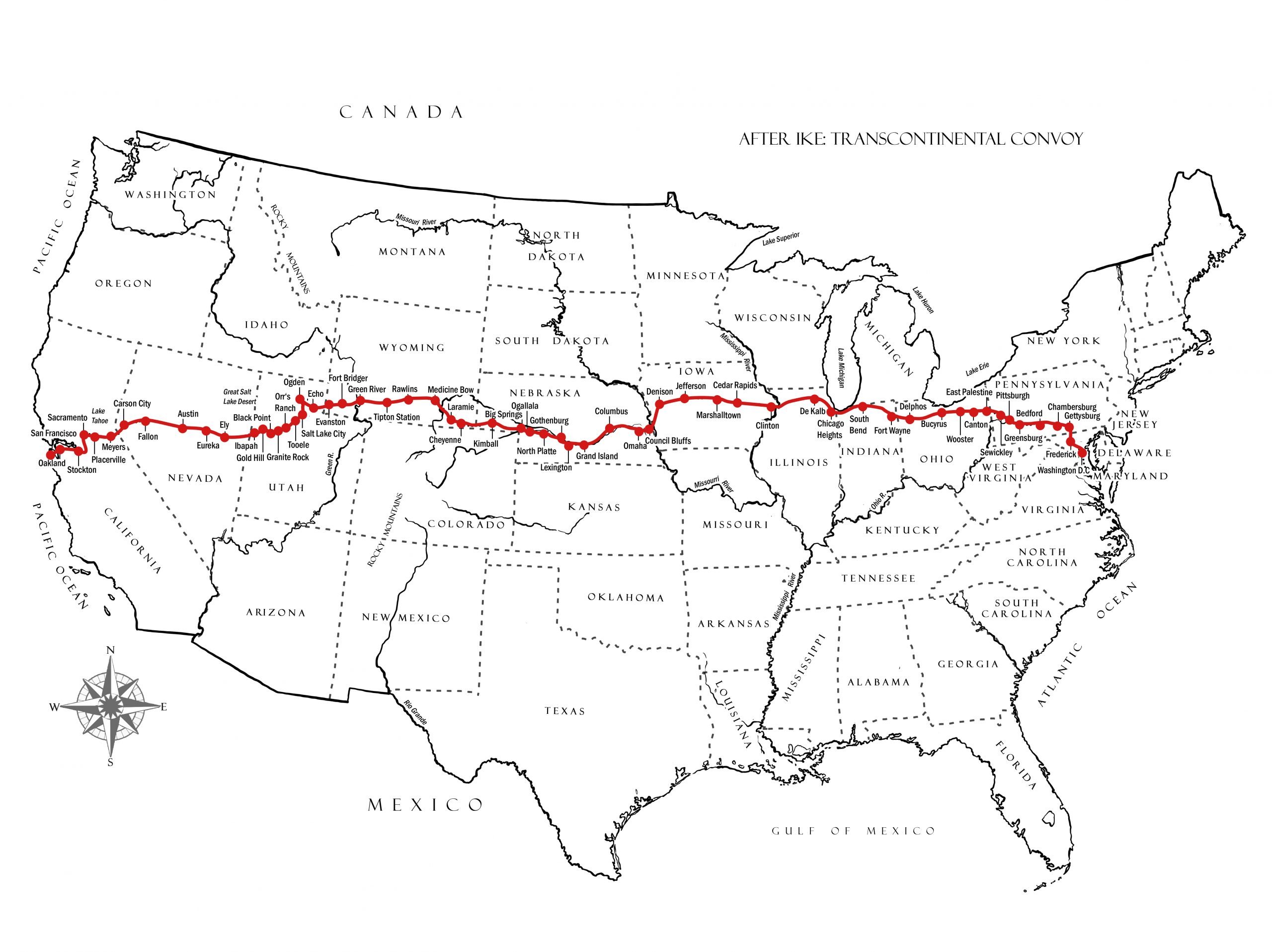 A map of the United States showing the transcontinental route followed by Ike Eisenhower in 1919 following the historic Lincoln Highway